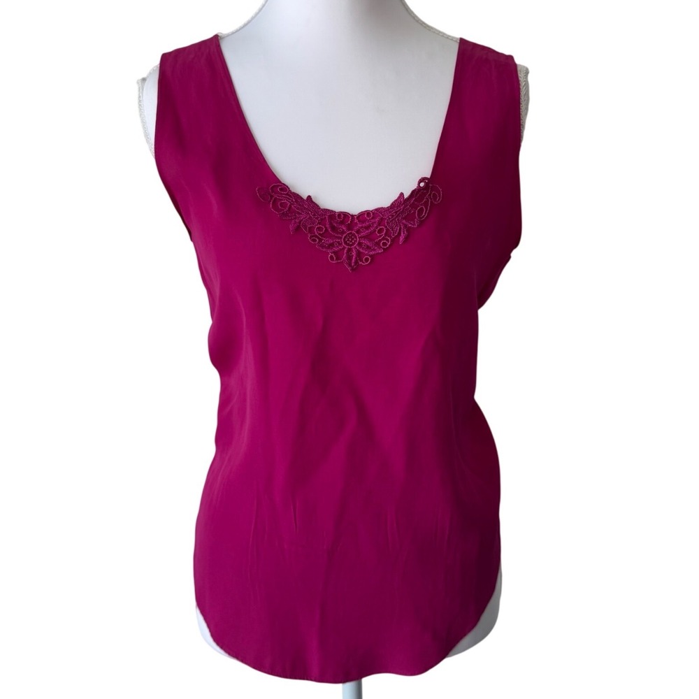 Vintage Magenta Sleeveless Top Floral Lace Neck Blouse Shell Sz M